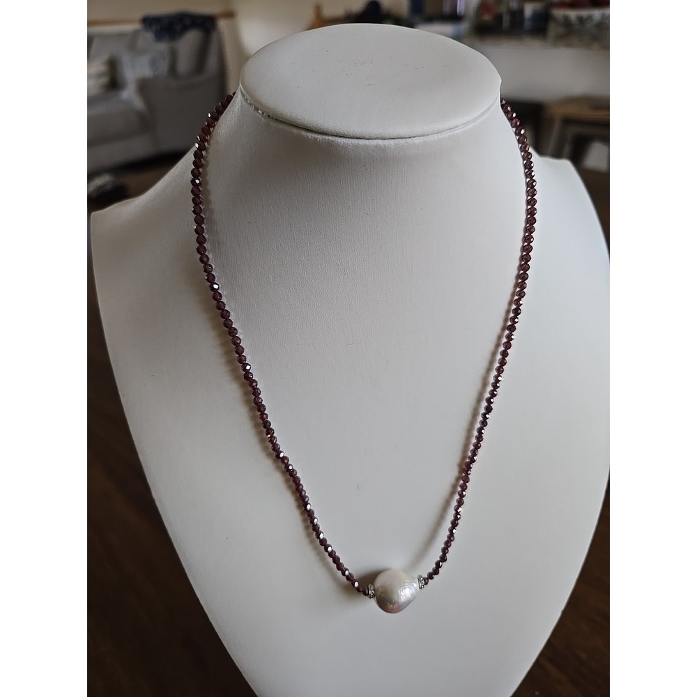 UTC Faceted Garnet and Baroque Pearl 925 Adjustable Necklace Lobster Claw Clasp